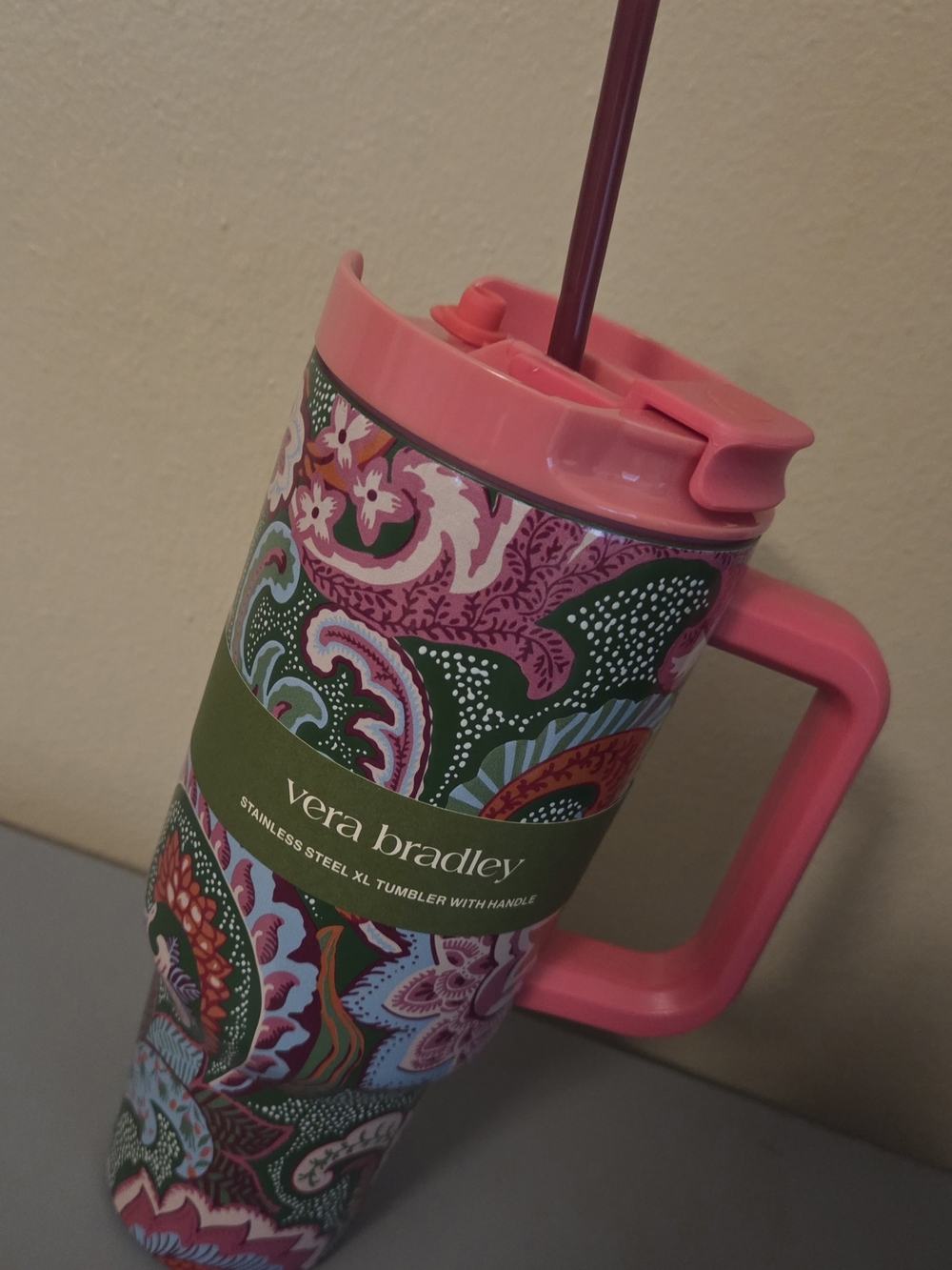 Vera Bradley Pink Paisley Stainless Steel Tumbler with Handle
